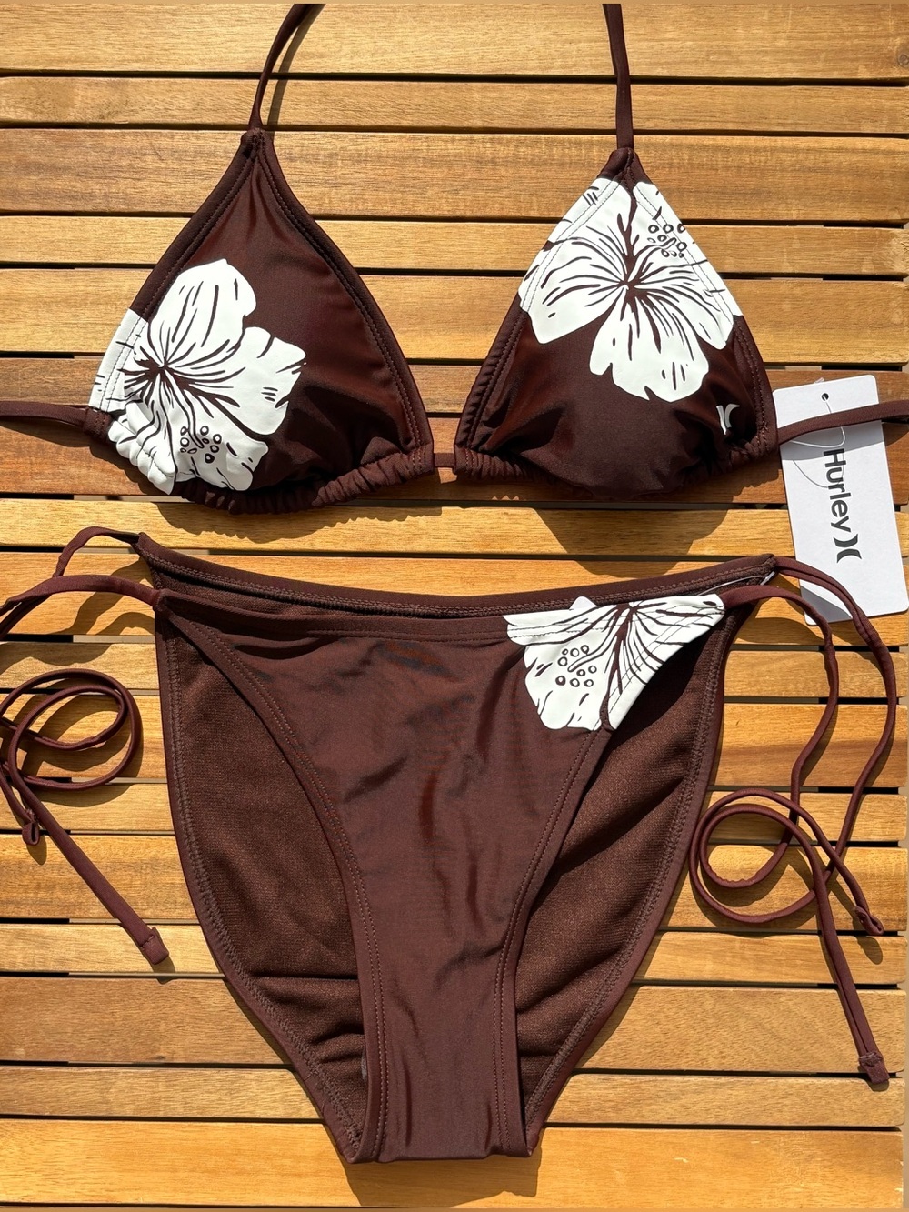 MEDIUM NWT Hurley Brown with White Hibiscus Adjustable String Bikini Swimsuit